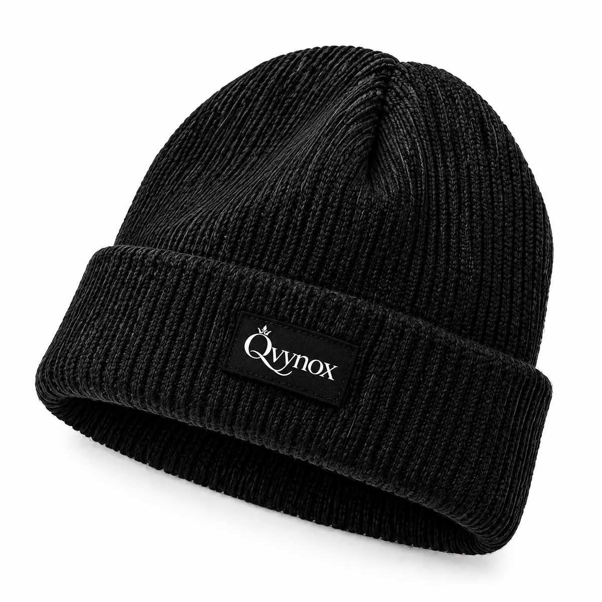 qvynox Black Ribbed Cuff Beanie — close-up view