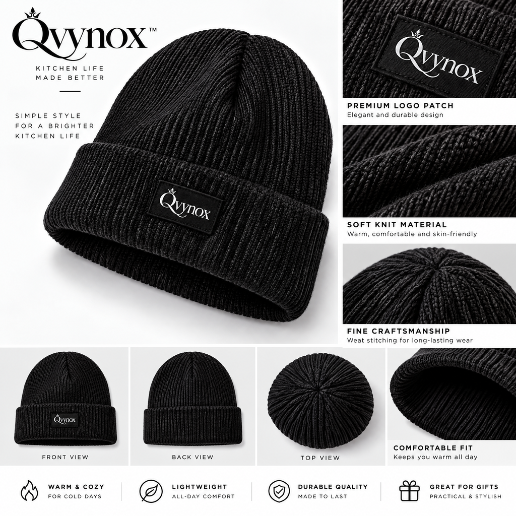 qvynox Black Ribbed Cuff Beanie — design details