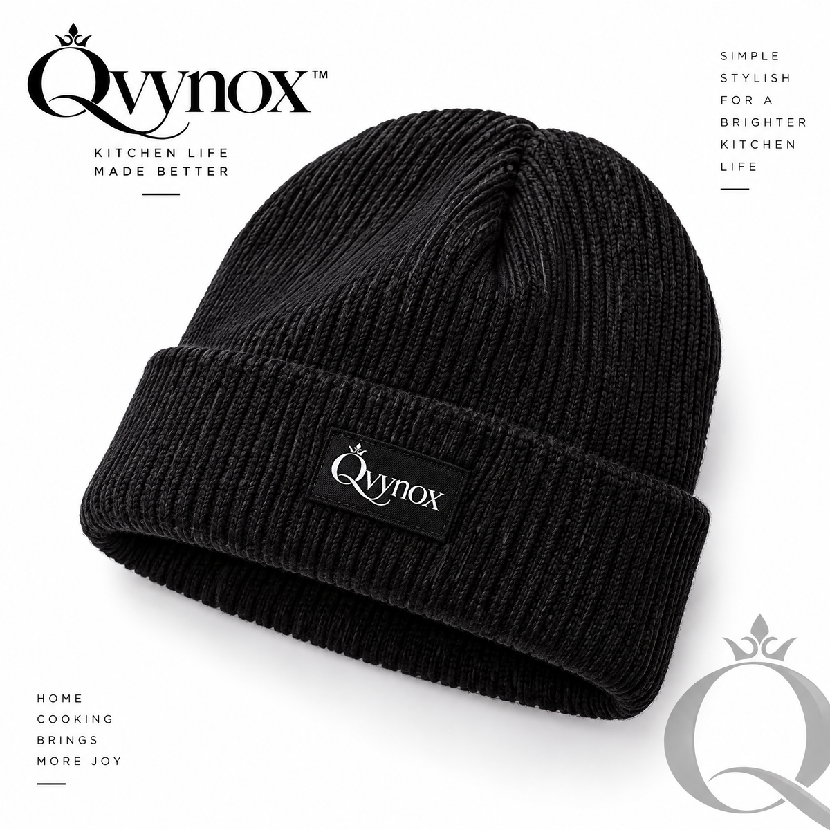 qvynox black ribbed cuff beanie, front view