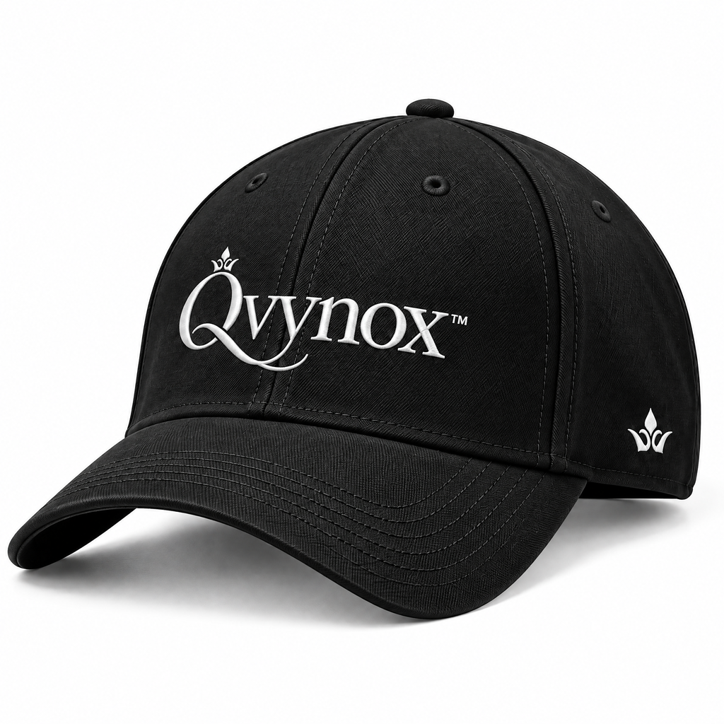 qvynox Black Embroidered Baseball Cap — close-up view