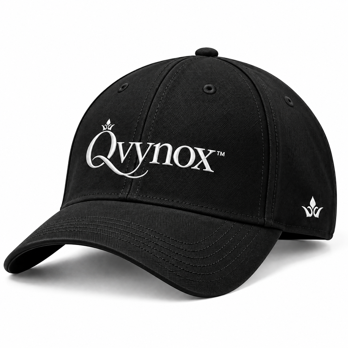 qvynox Black Embroidered Baseball Cap — close-up view