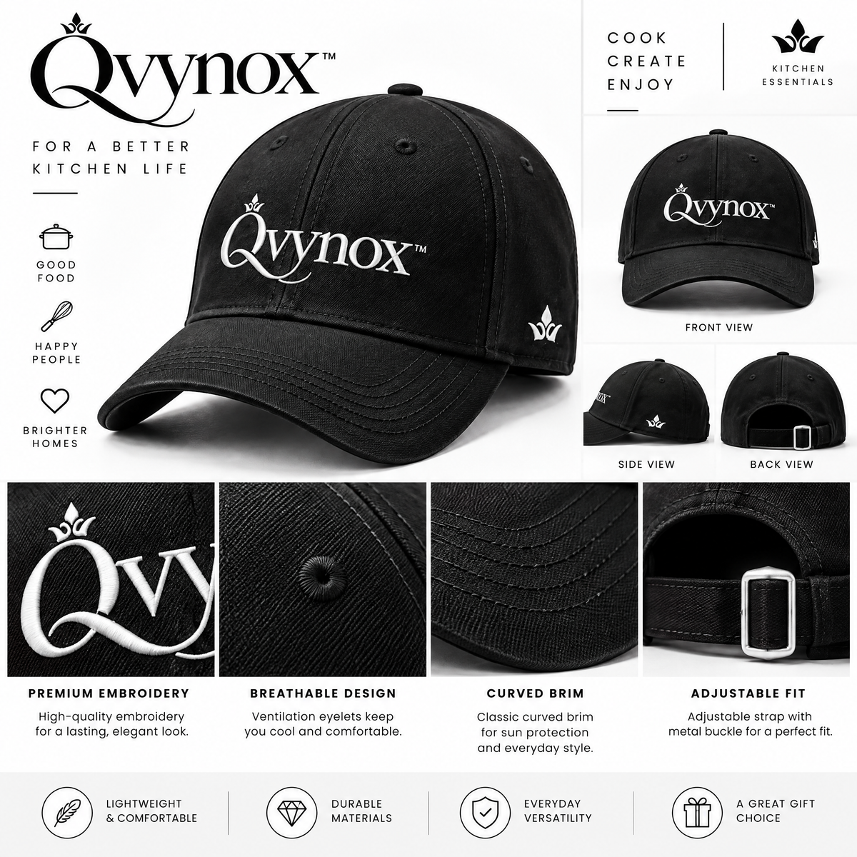 qvynox Black Embroidered Baseball Cap — design details