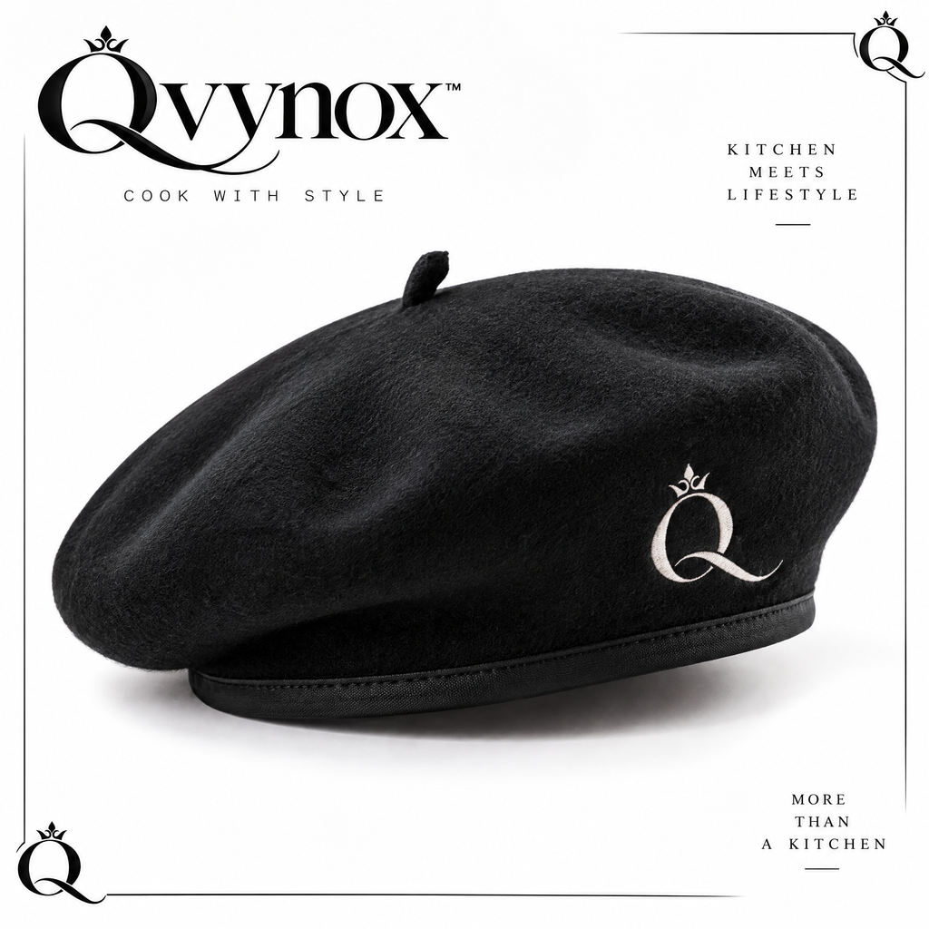 qvynox Black Classic Beret with Embroidered Detail — product overview