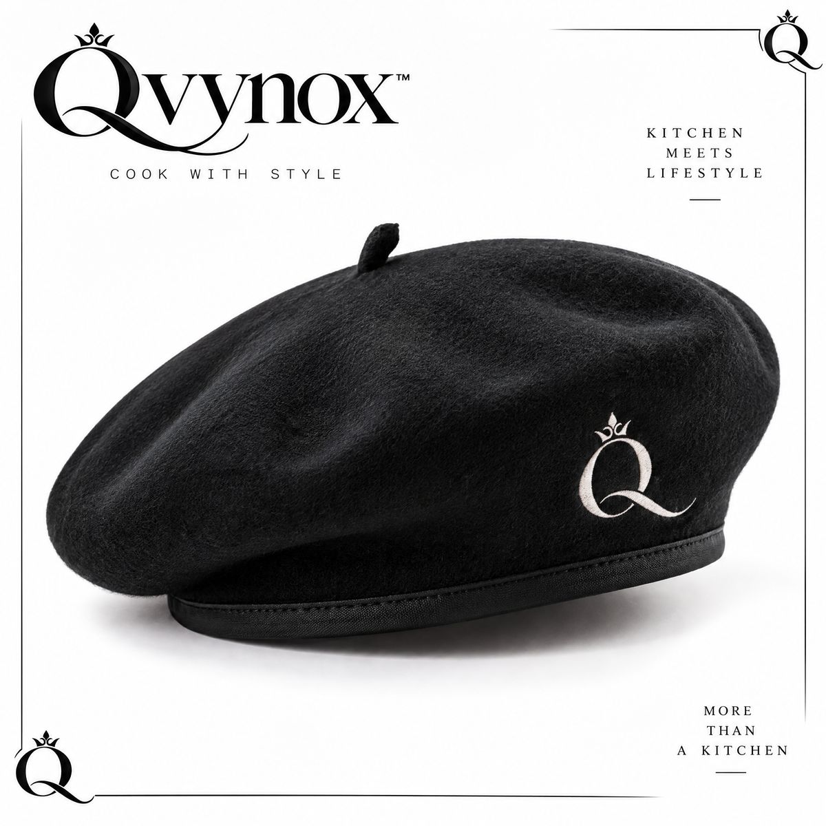 qvynox Black Classic Beret with Embroidered Detail — product overview