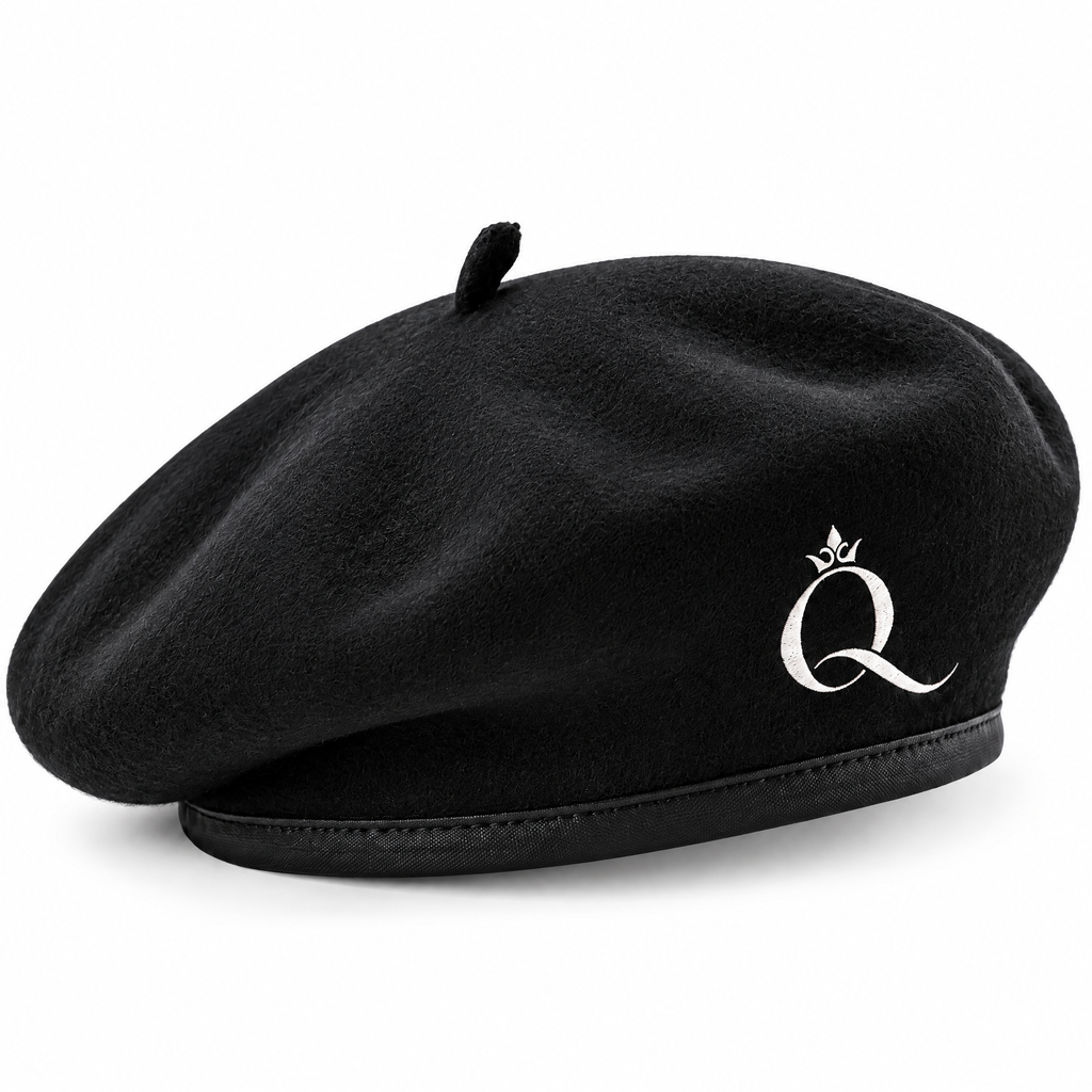 qvynox Black Classic Beret with Embroidered Detail — close-up view
