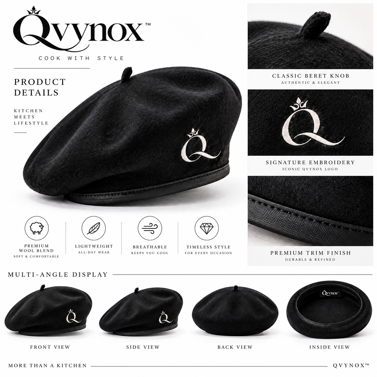 qvynox Black Classic Beret with Embroidered Detail — design details