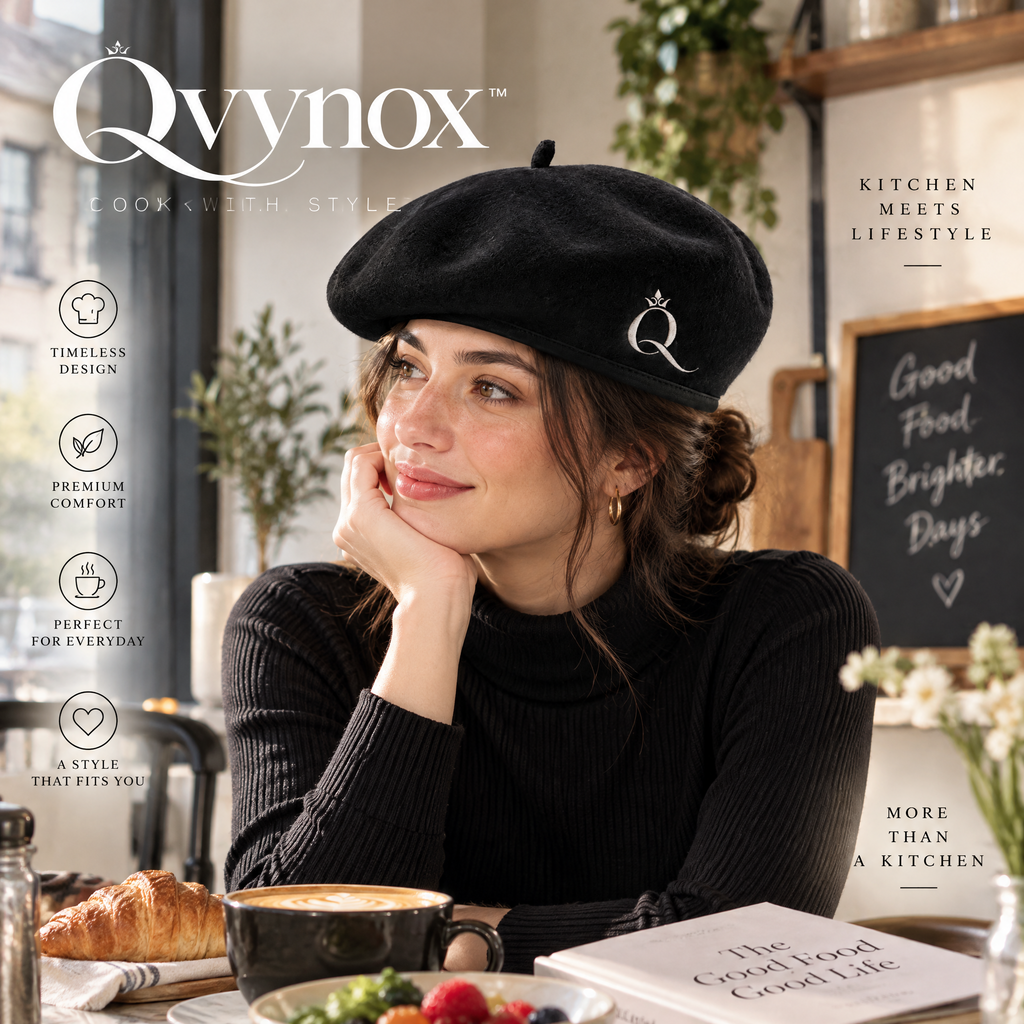 qvynox Black Classic Beret with Embroidered Detail — styling inspiration