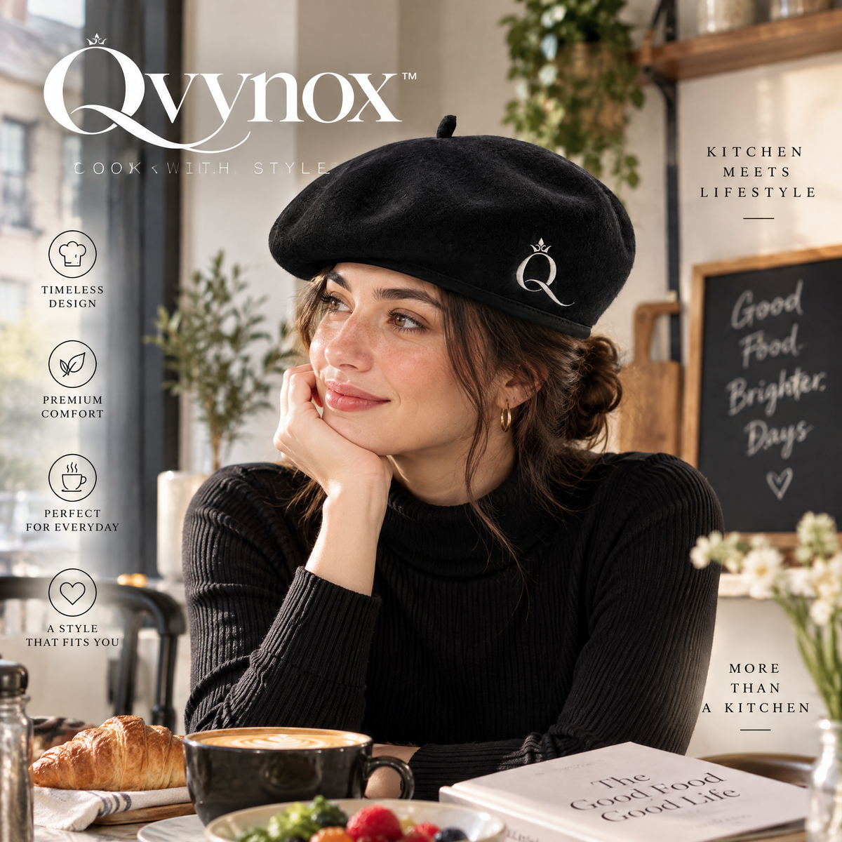 qvynox Black Classic Beret with Embroidered Detail — styling inspiration