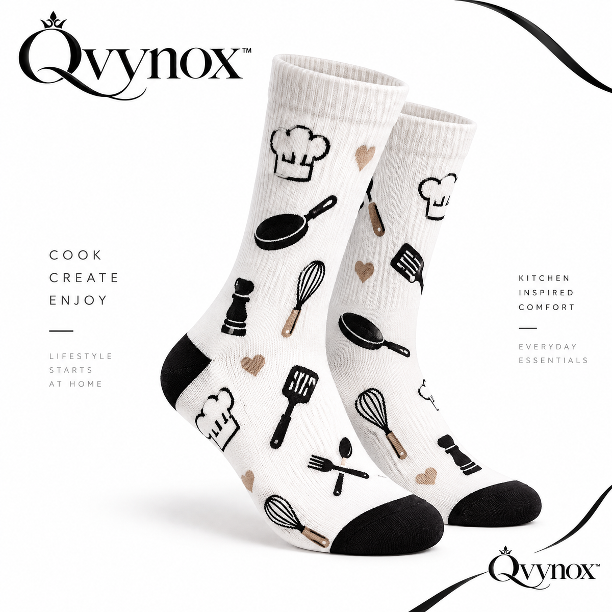 qvynox White Kitchen Motif Crew Socks — product overview
