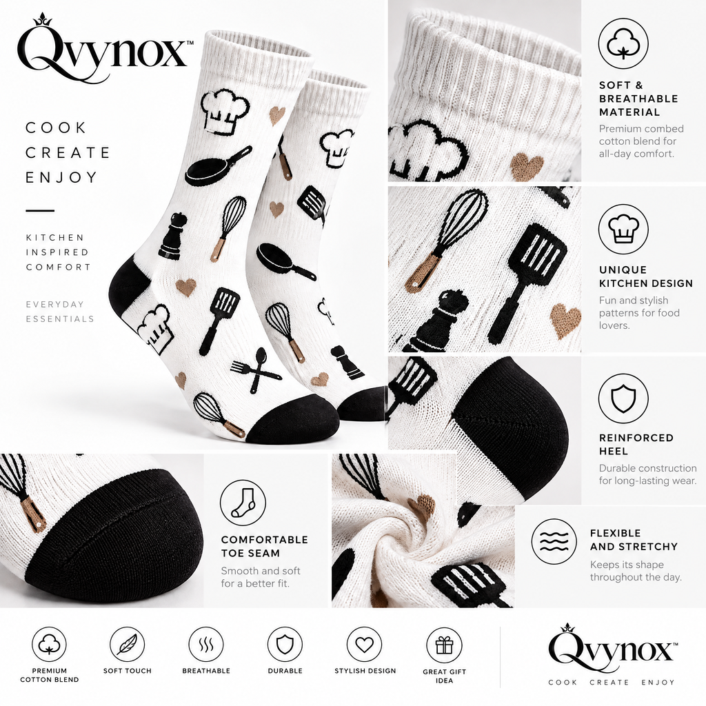 qvynox White Kitchen Motif Crew Socks — design details