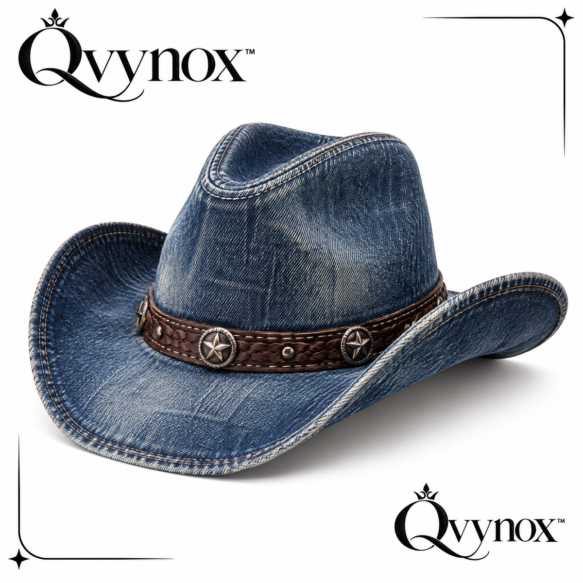 qvynox Washed Blue Denim-Look Cowboy Hat — product overview