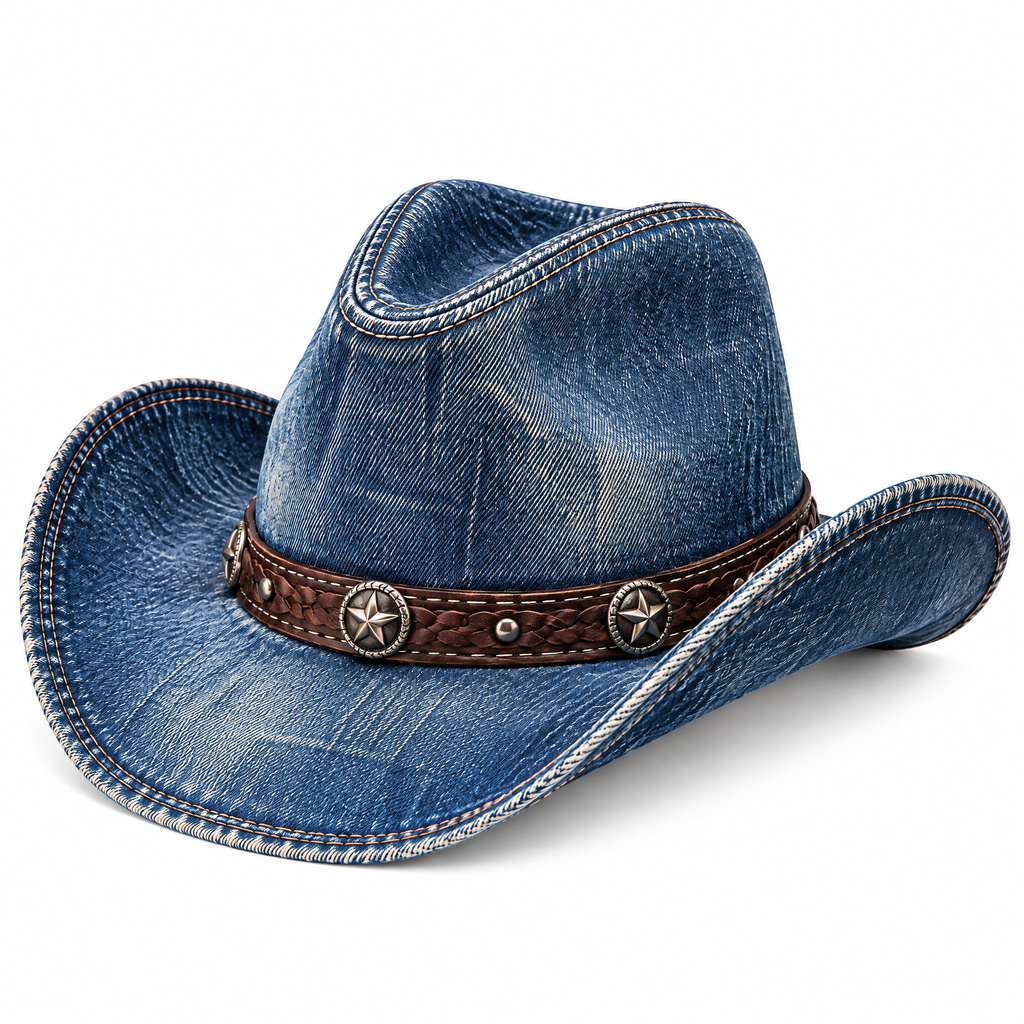 qvynox Washed Blue Denim-Look Cowboy Hat — close-up view