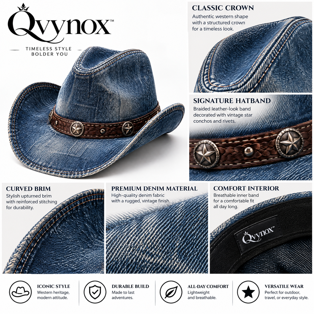 qvynox Washed Blue Denim-Look Cowboy Hat — design details