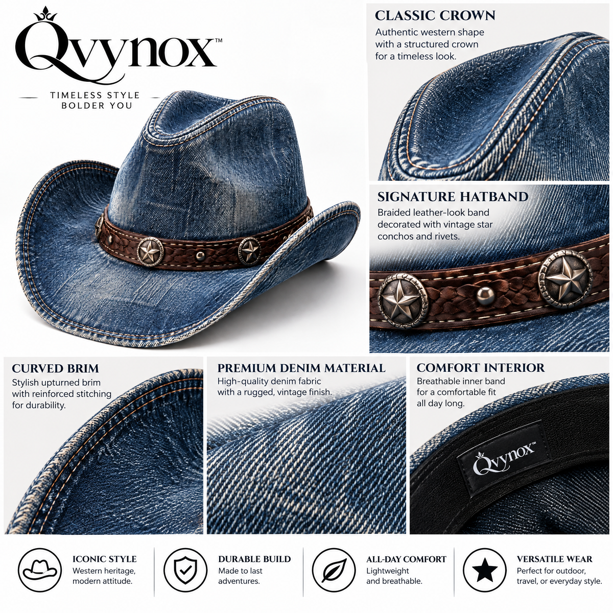 qvynox Washed Blue Denim-Look Cowboy Hat — design details