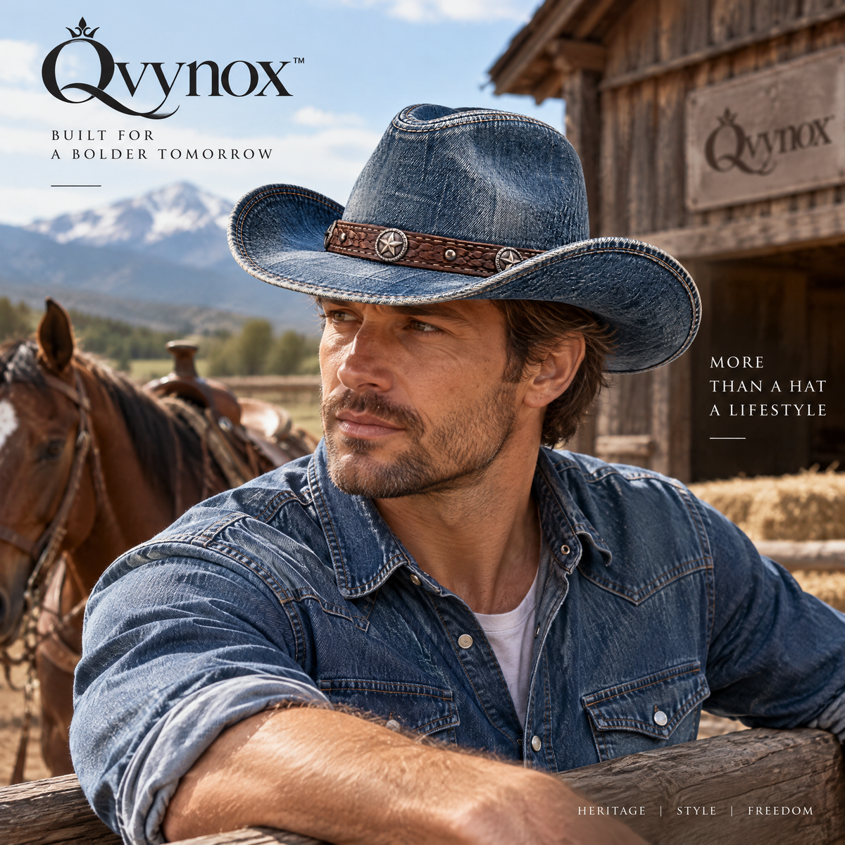 qvynox Washed Blue Denim-Look Cowboy Hat — styling inspiration