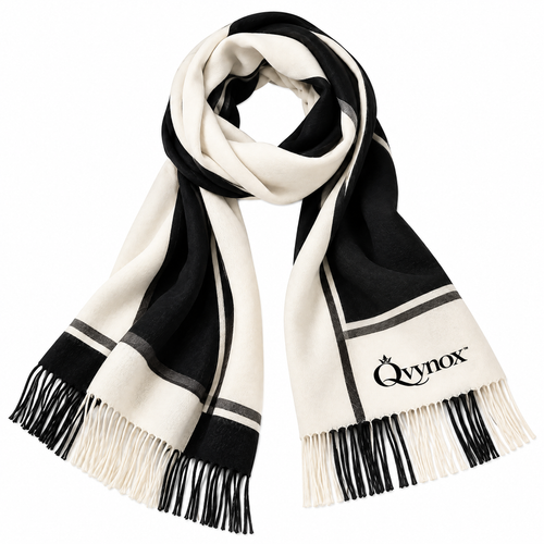 qvynox Black & Ivory Fringe Winter Scarf — close-up view