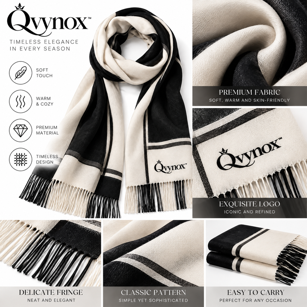 qvynox Black & Ivory Fringe Winter Scarf — design details