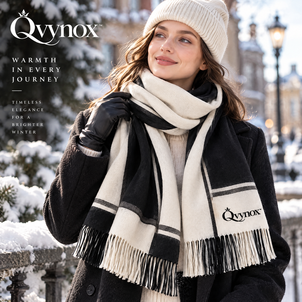 qvynox Black & Ivory Fringe Winter Scarf — styling inspiration