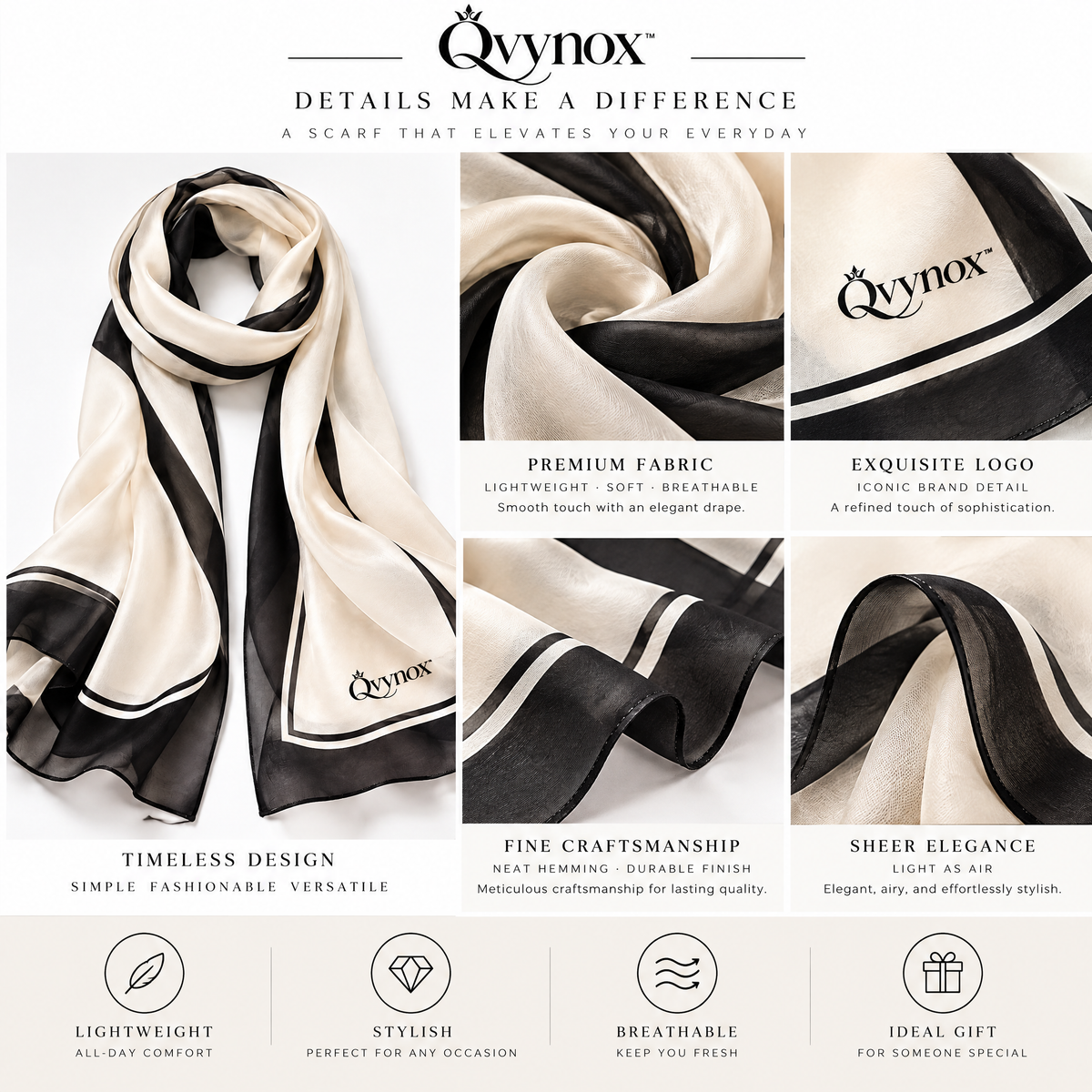 qvynox Ivory & Black Printed Fashion Scarf — design details