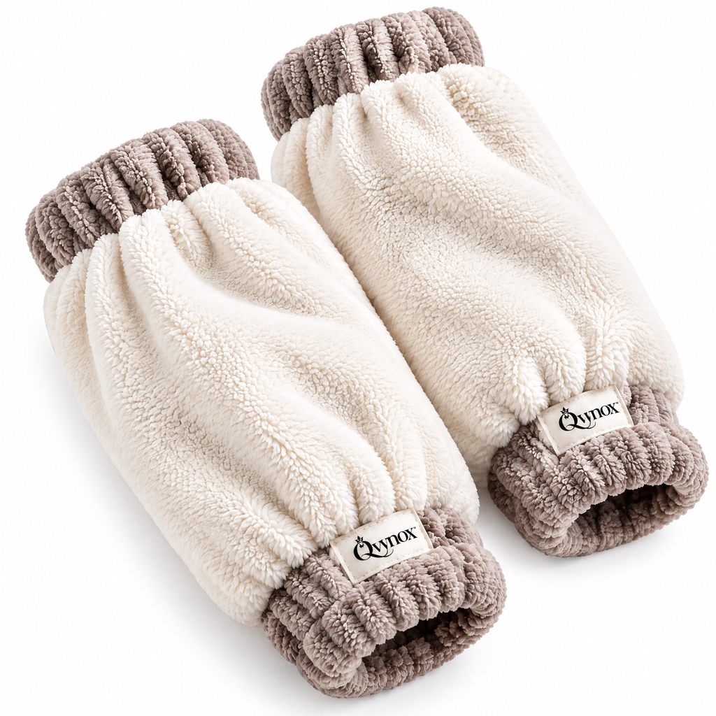 qvynox Cream Plush Fingerless Hand Warmers — close-up view