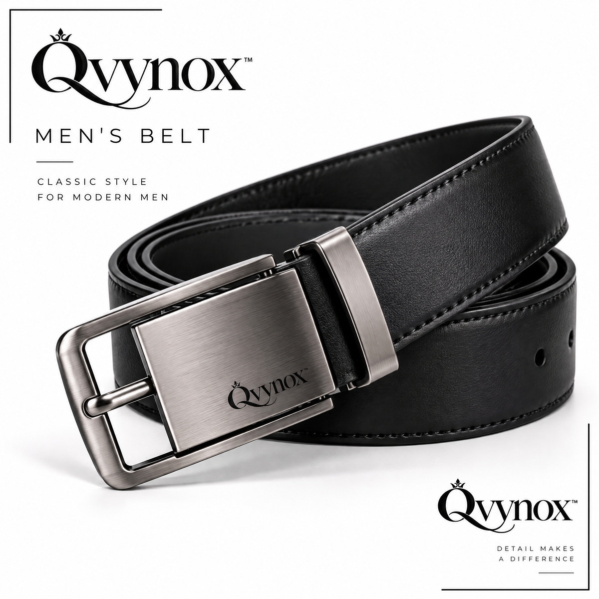 qvynox Black Dress Belt with Silver-Tone Buckle — product overview