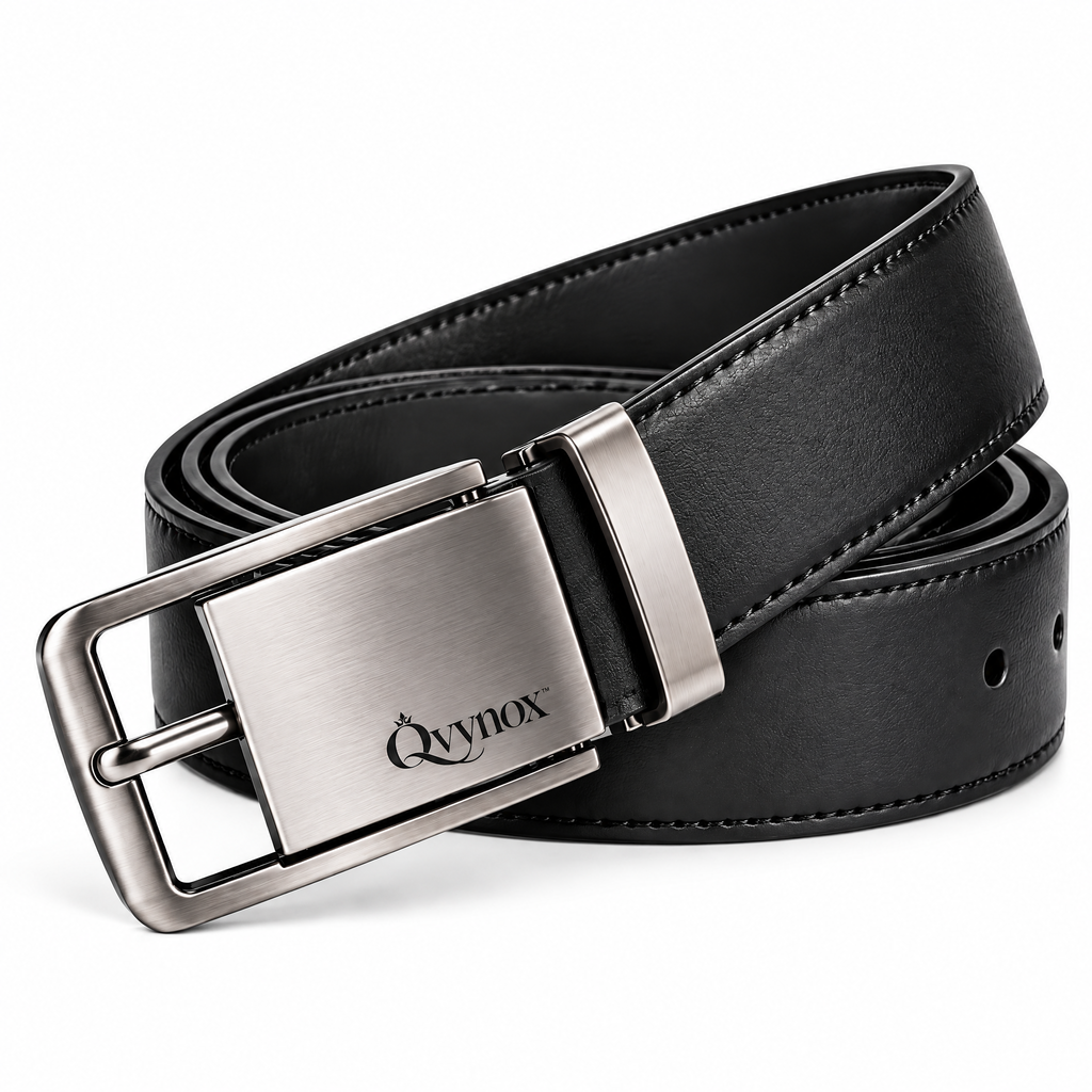 qvynox Black Dress Belt with Silver-Tone Buckle — close-up view