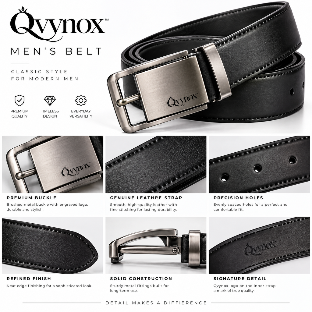 qvynox Black Dress Belt with Silver-Tone Buckle — design details