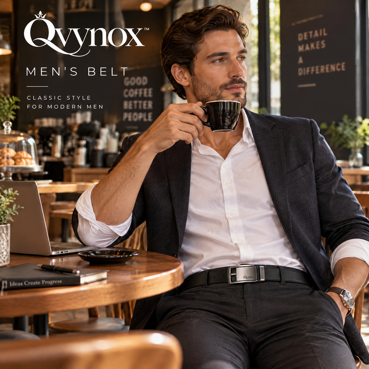 qvynox Black Dress Belt with Silver-Tone Buckle — styling inspiration