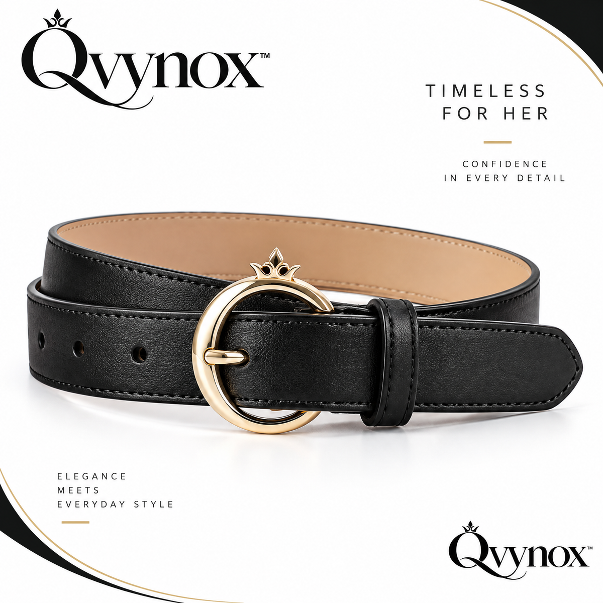 qvynox Black Belt with Gold-Tone Round Buckle — product overview