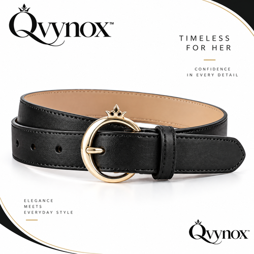 qvynox Black Belt with Gold-Tone Round Buckle — product overview