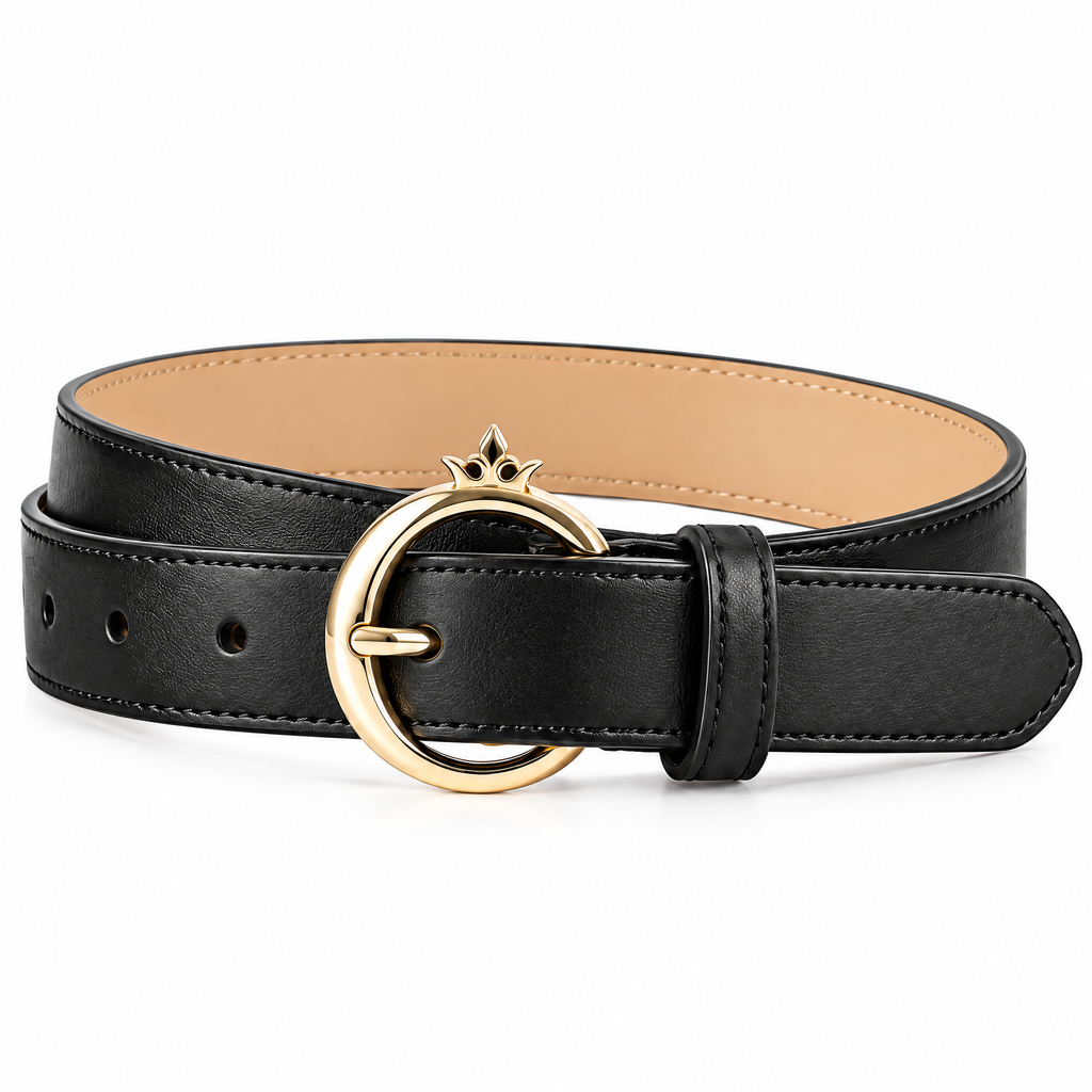 qvynox Black Belt with Gold-Tone Round Buckle — close-up view