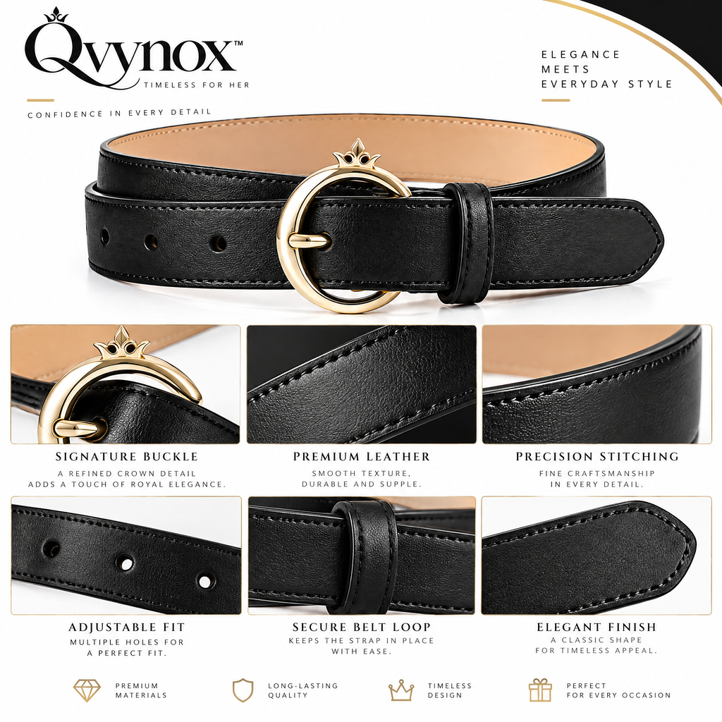 qvynox Black Belt with Gold-Tone Round Buckle — design details