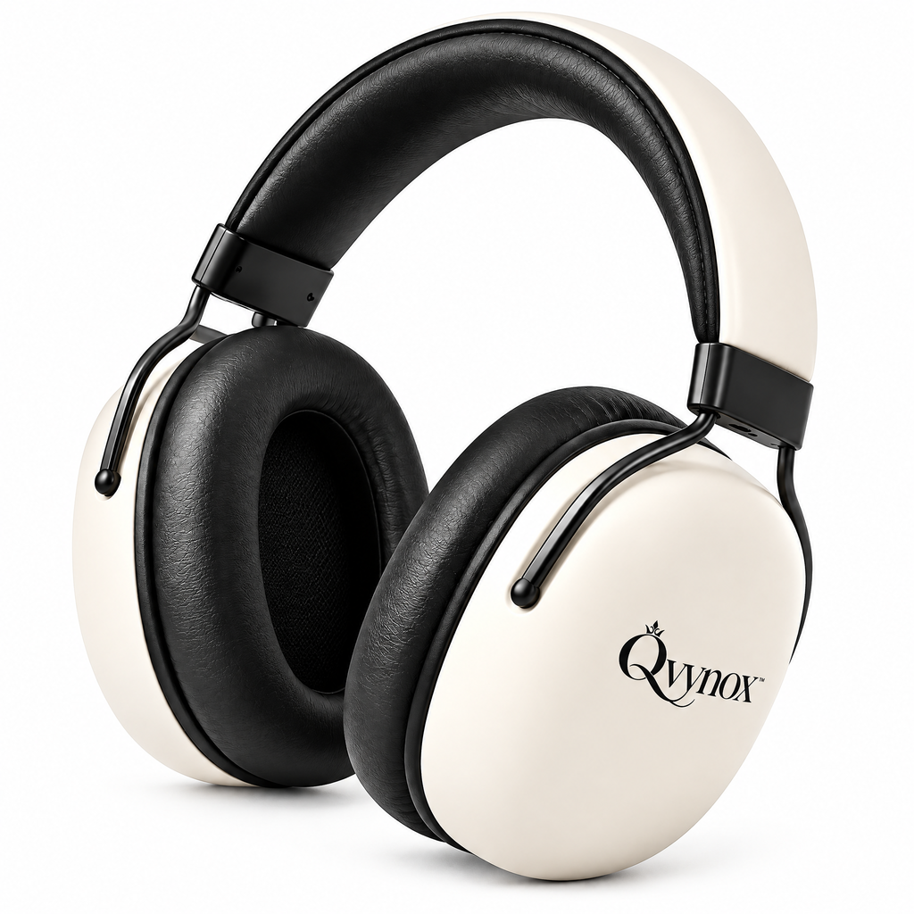 qvynox Black & Ivory Over-Ear Headphones — close-up view