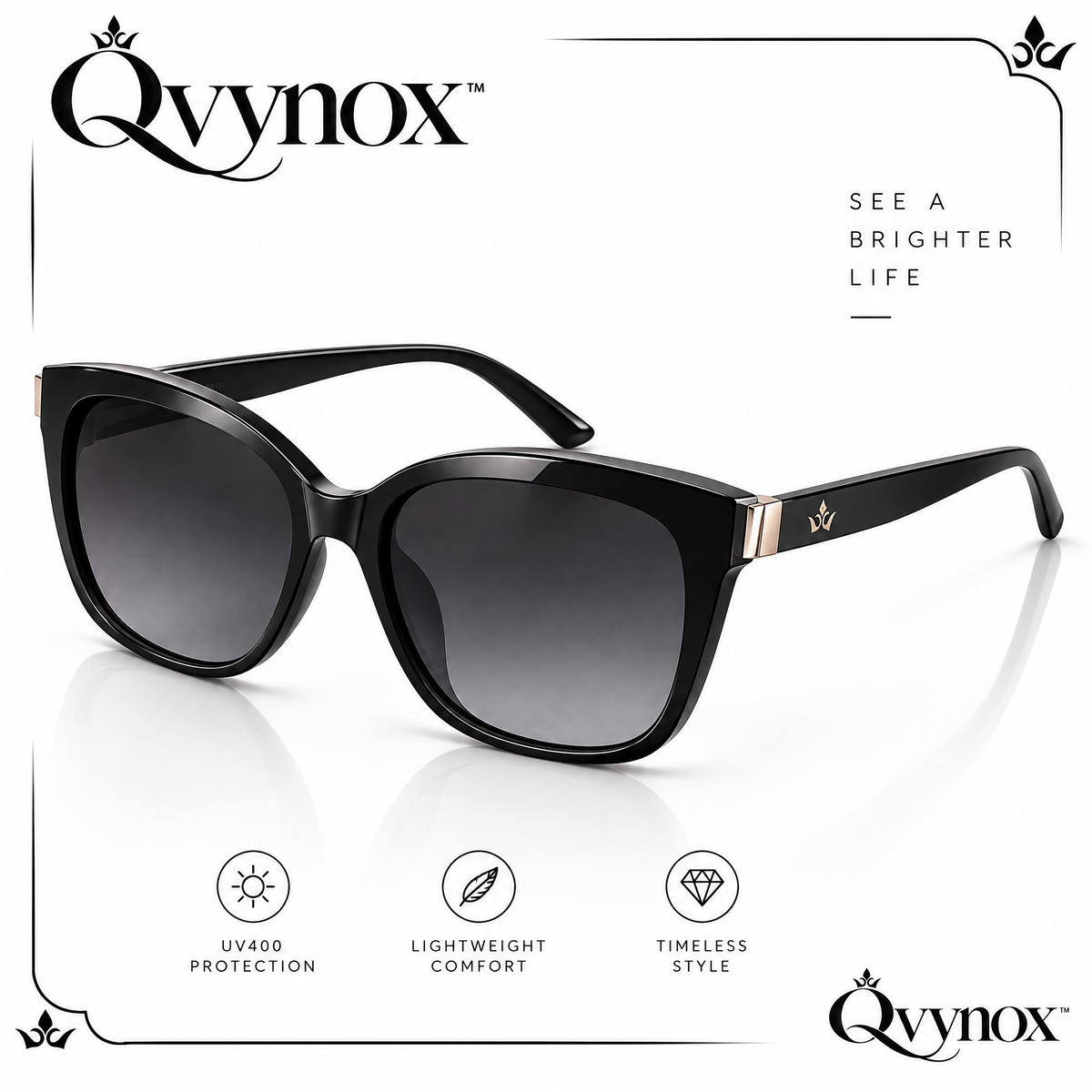 qvynox Black Square Sunglasses with Gradient Lenses — product overview
