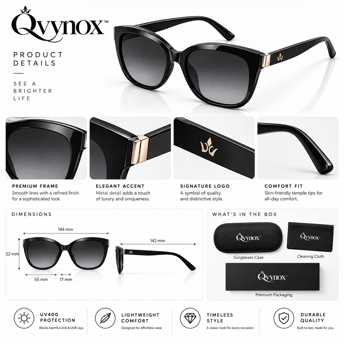 qvynox Black Square Sunglasses with Gradient Lenses — design details