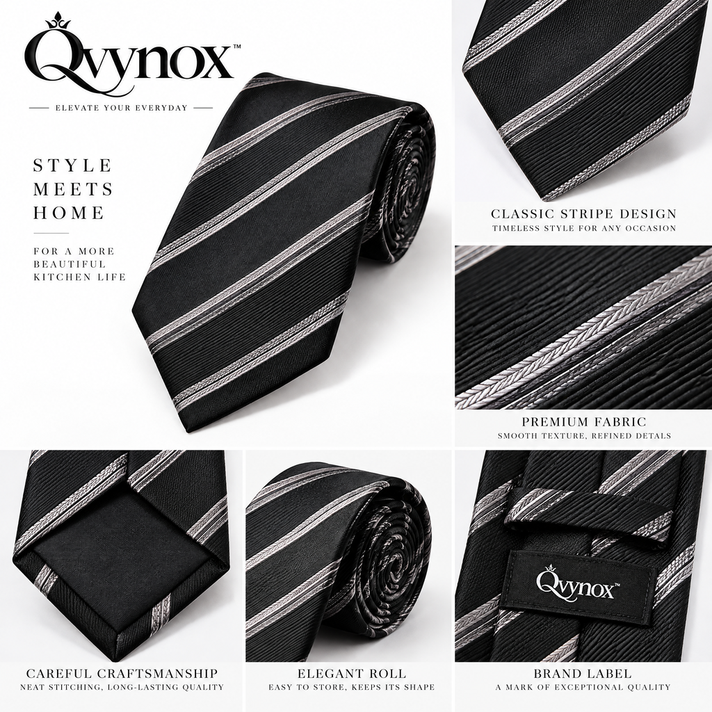 qvynox Black & Gray Diagonal Stripe Necktie — design details