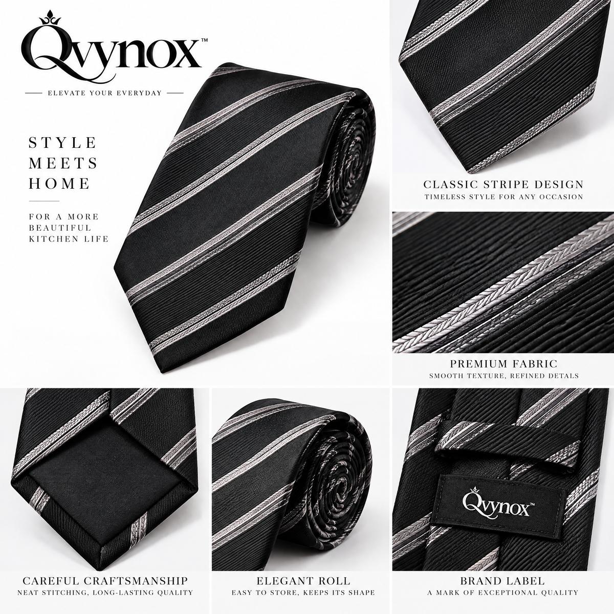 qvynox Black & Gray Diagonal Stripe Necktie — design details