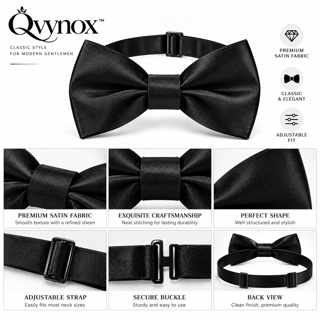qvynox Classic Black Satin-Look Bow Tie — design details