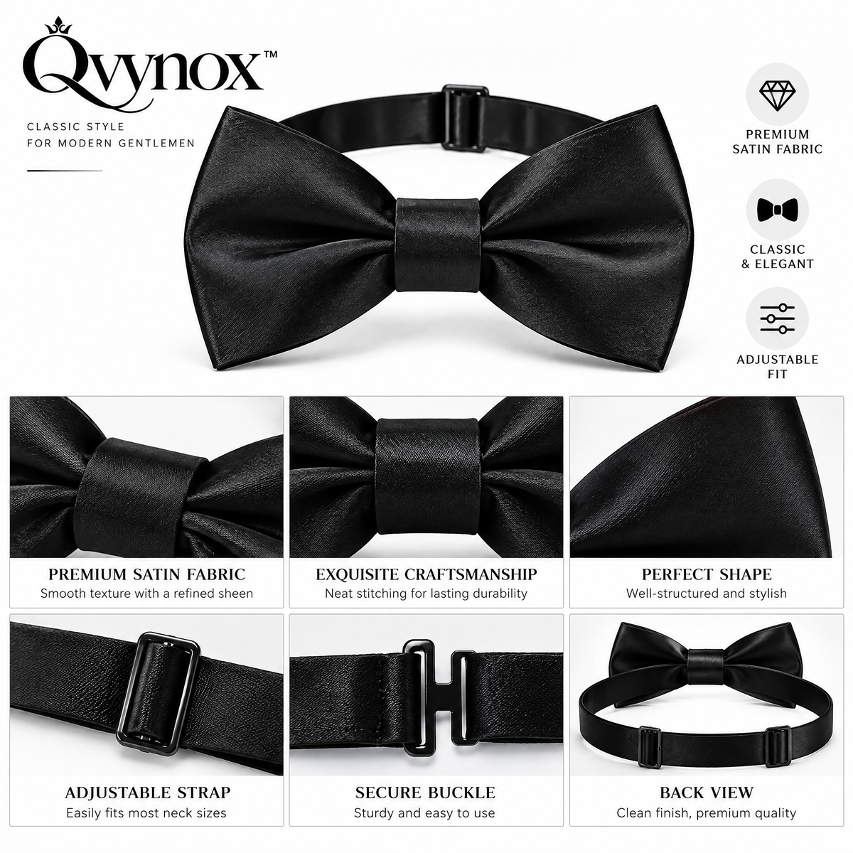 qvynox Classic Black Satin-Look Bow Tie — design details