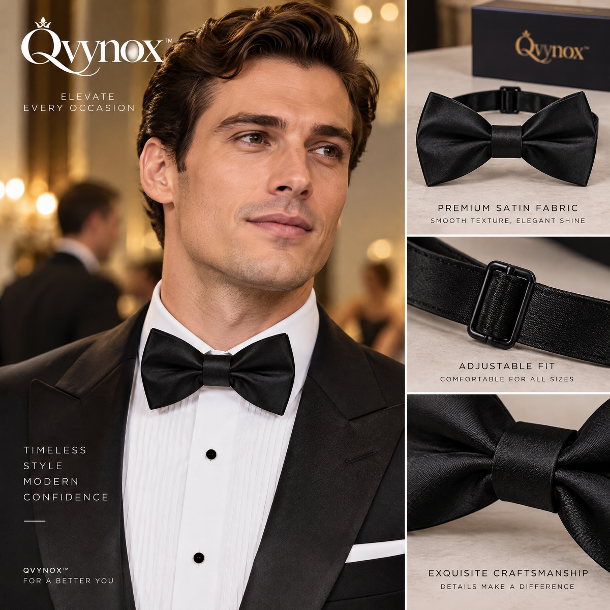 qvynox Classic Black Satin-Look Bow Tie — styling inspiration