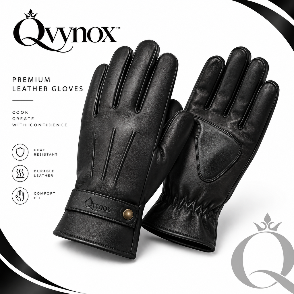 qvynox Black Leather-Look Full-Finger Gloves — product overview
