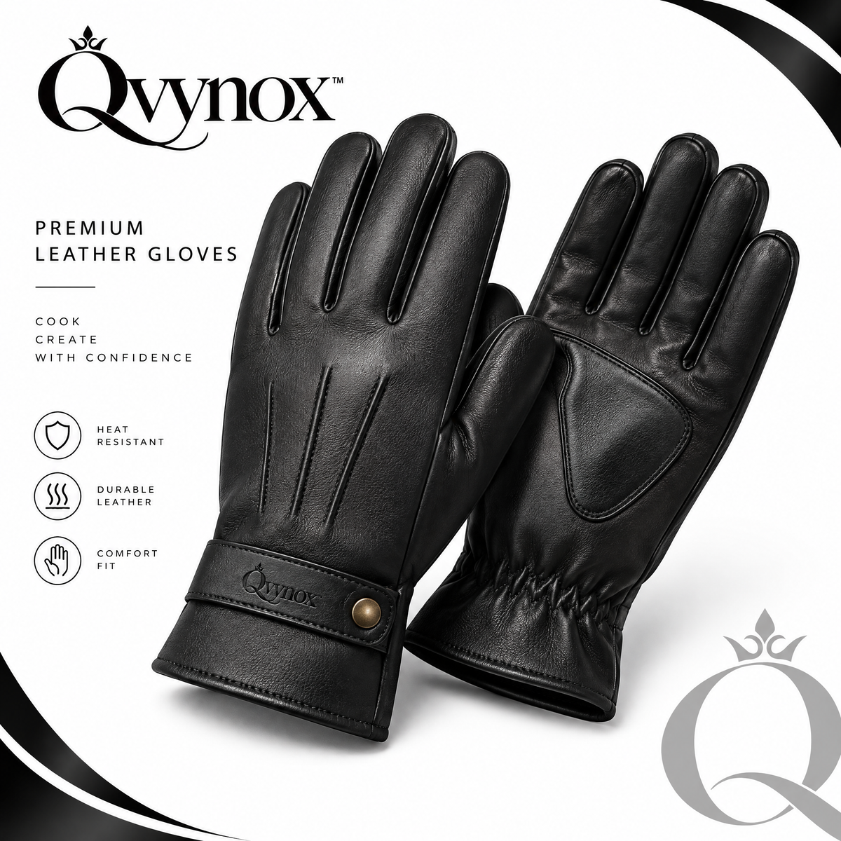 qvynox Black Leather-Look Full-Finger Gloves — product overview