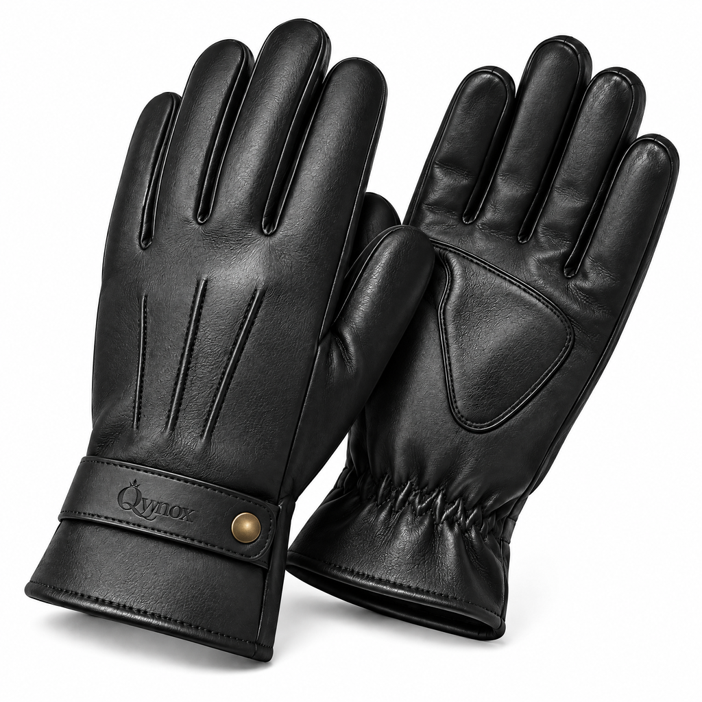 qvynox Black Leather-Look Full-Finger Gloves — close-up view