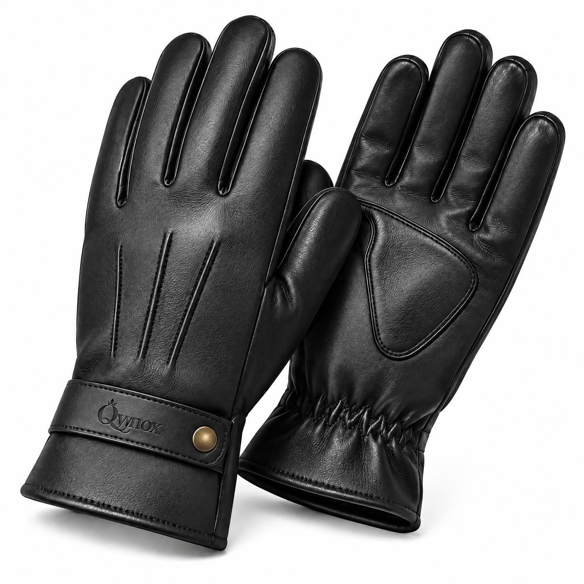 qvynox Black Leather-Look Full-Finger Gloves — close-up view