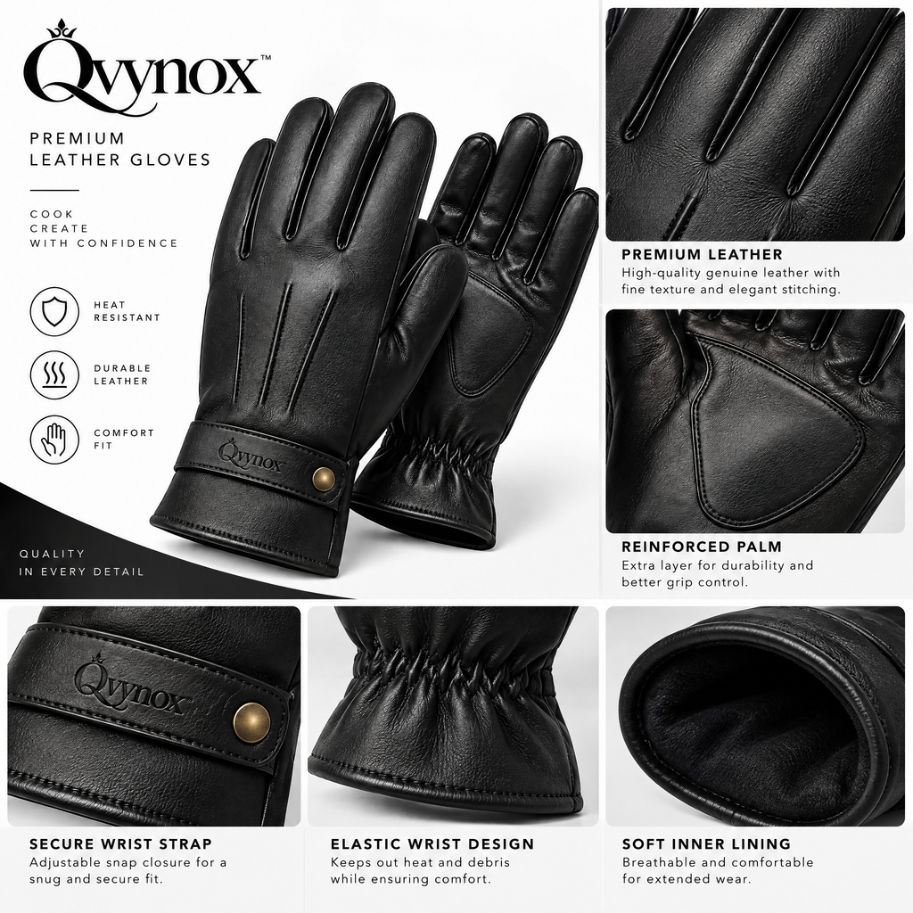 qvynox Black Leather-Look Full-Finger Gloves — design details