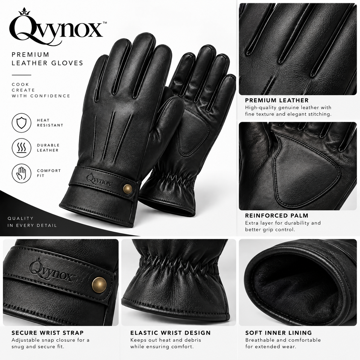 qvynox Black Leather-Look Full-Finger Gloves — design details